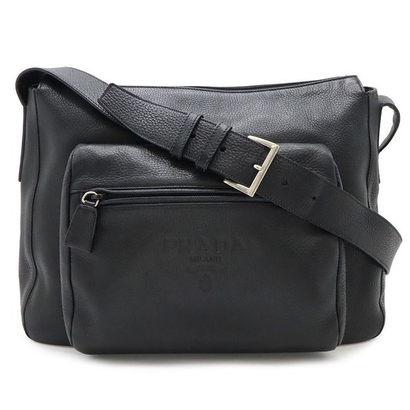 Prada Logo Shoulder Bag Semi Shoulder Shoulder Leather NERO Black Black Silver - Picture 1 of 9